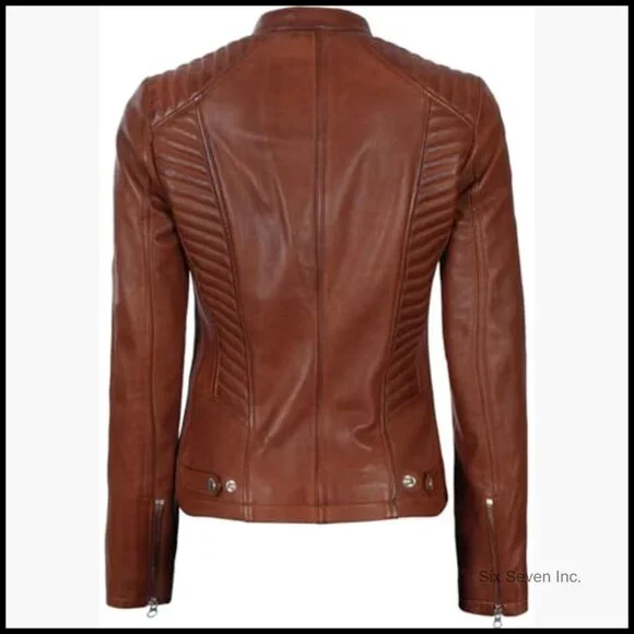 Real Lambskin Leather Jacket Women Slim Fit Long Sleeve Moto Style